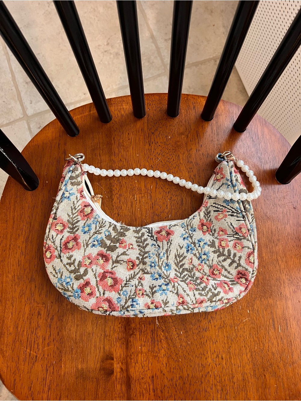 Floral Beaded Handle Shoulder Bag - Pink & Blue